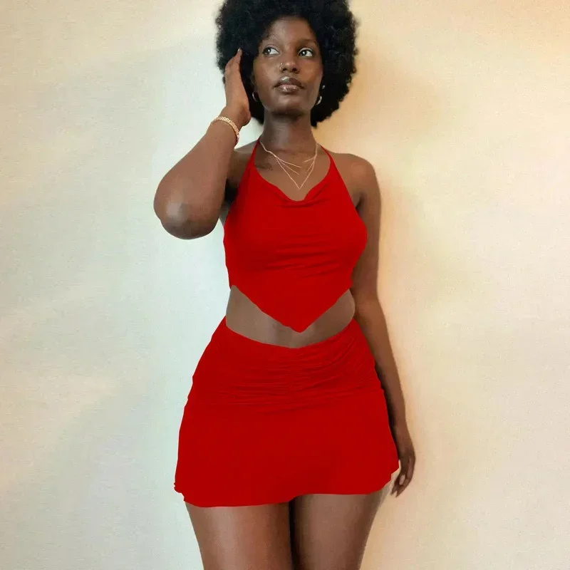 

GUWU Halter Crop Top Ruched High Waist A-line Mini Skirt Suit for Summer Women Matching Two Piece Set Beach Outfits