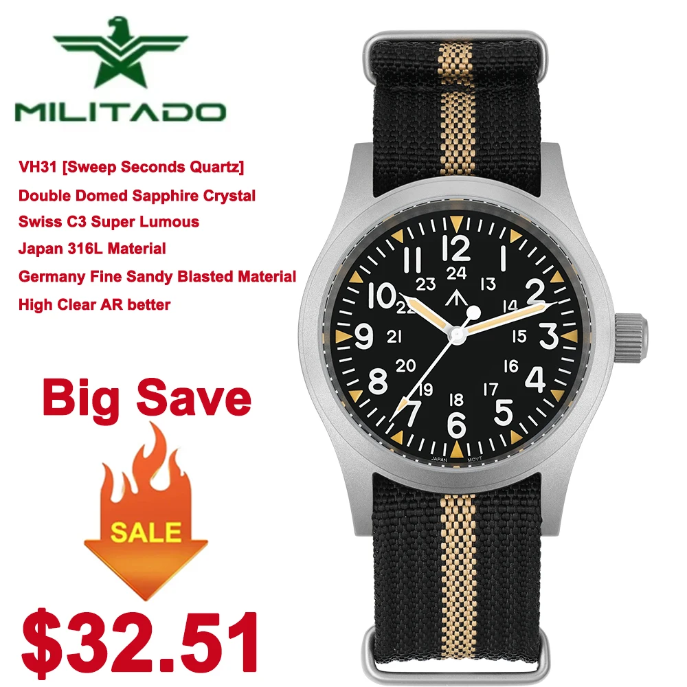 Militado ML05 38mm Military Field Watch VH31 Sweep Quartz Movement 