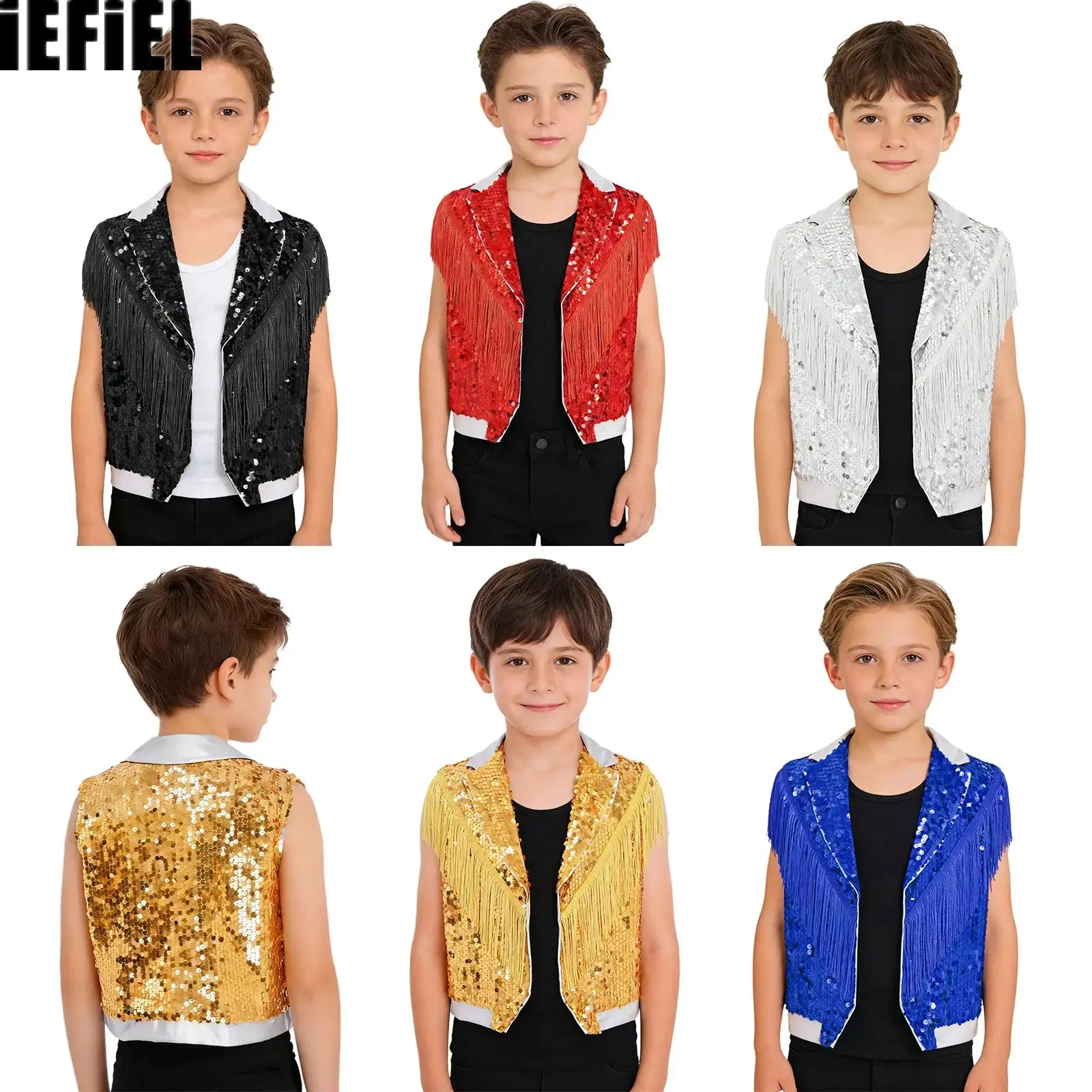 

Kids Boys Jazz Dance Vest Costume Tassel Sparkling Sequin Vest Contrast Color Lapel Collar Sleeveless Tops for Stage Performance