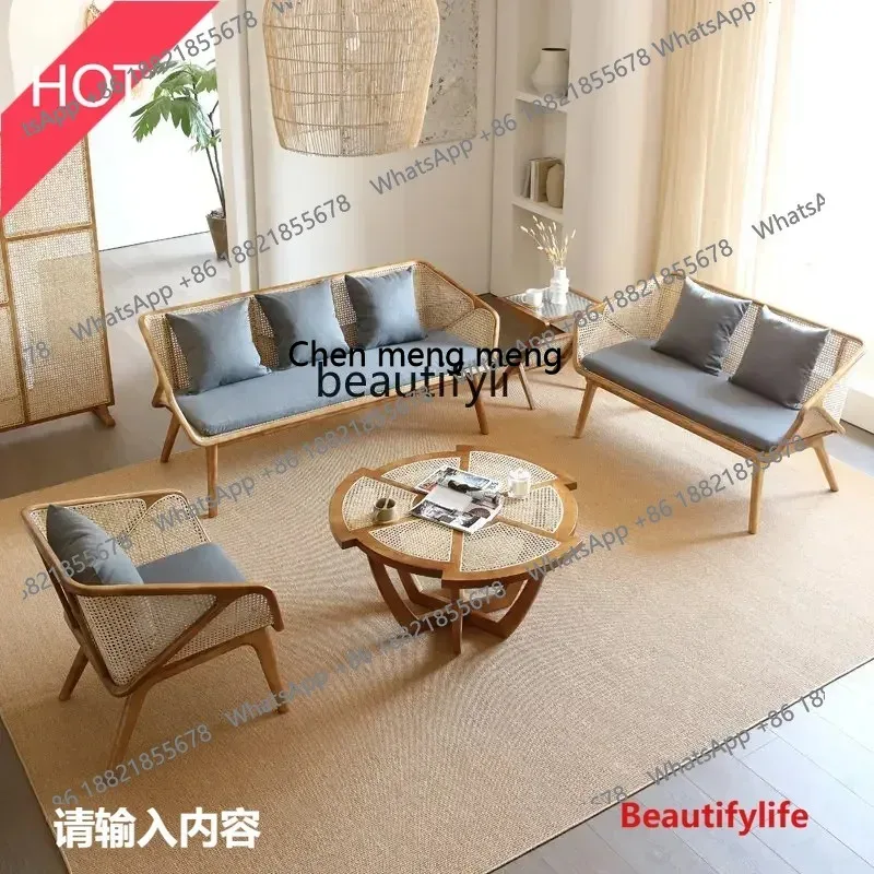 cn8617 LHY   Solid Wood Rattan Sofa Combination Retro Living Room White Wax Rattan Chair San Min Book Rattan Sofa