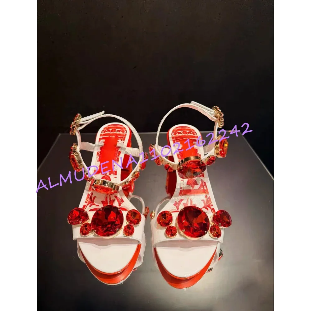 2026 New Women'S Print Sandals Red Crystal Rhinestone Decor Chunky Block Heel White Leather Open Toe Ankle Strap Buckle Footwear image 4