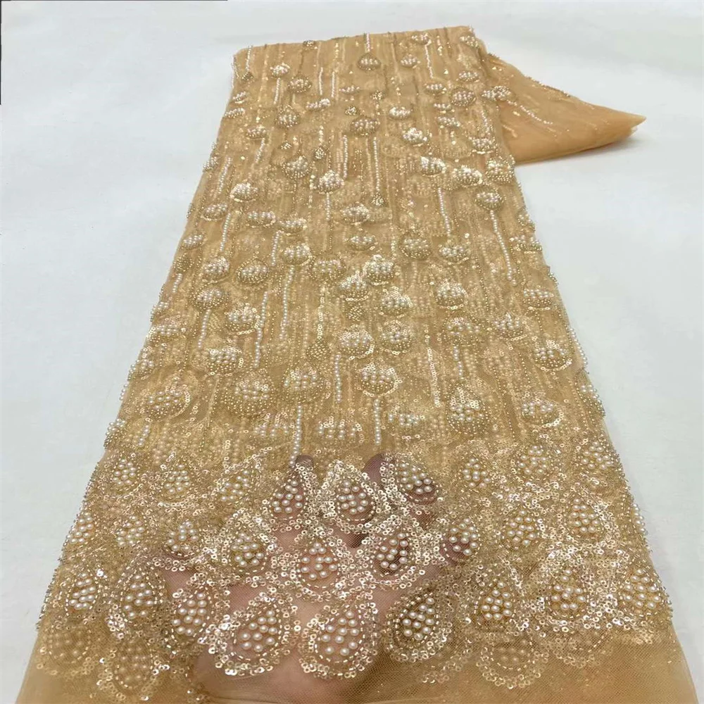 

Gold African Luxury Beaded Tulle Lace Fabric 2024 Nigerian Handmade Heavy Sequins Pearls Lace Fabric Fro Bridal Wedding Dresses