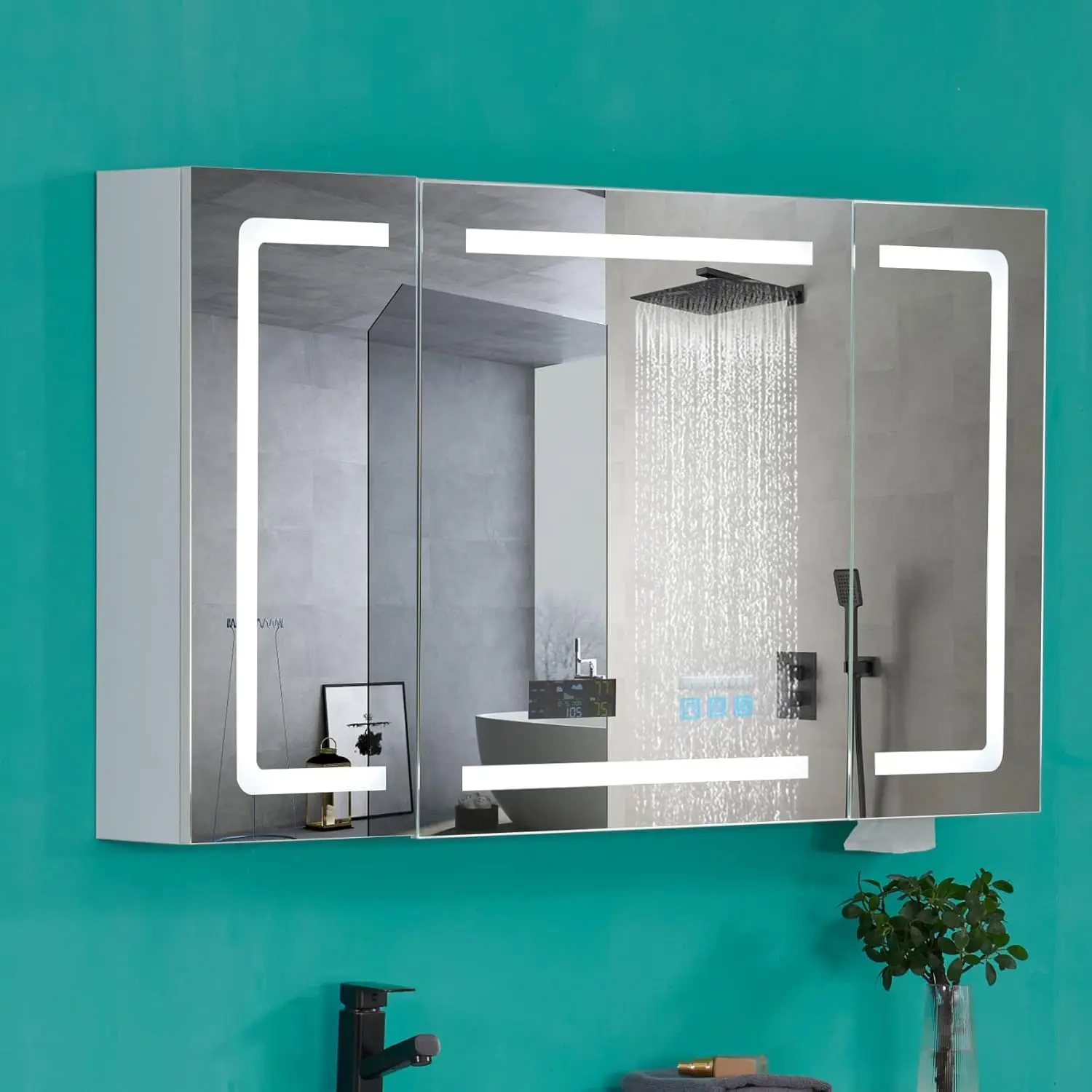 #48in LED Medicine Cabinet Smart Mirror Bluetooth Speaker Clock Temp Display Defog Dimming 3-Color Outlets USB Customized