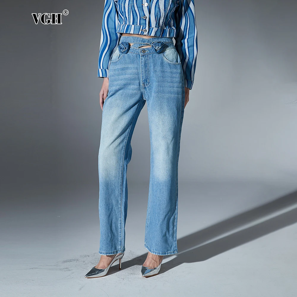 VGH High Street Chic Patchwork Appliques Jeans For Women High Waist Spliced Pockets Straight Trousers Female Style Fashion New