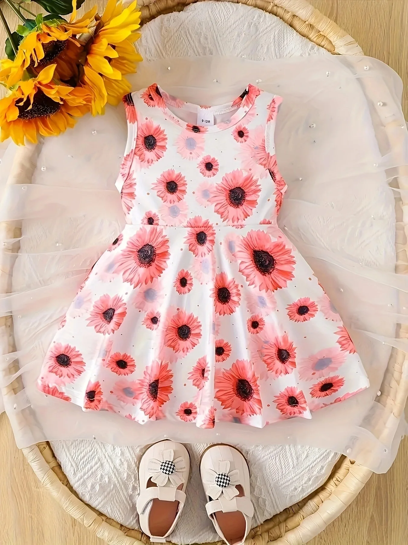 0-3 year old baby girl summer style sleeveless waist cinched pleated full print floral round neck dress