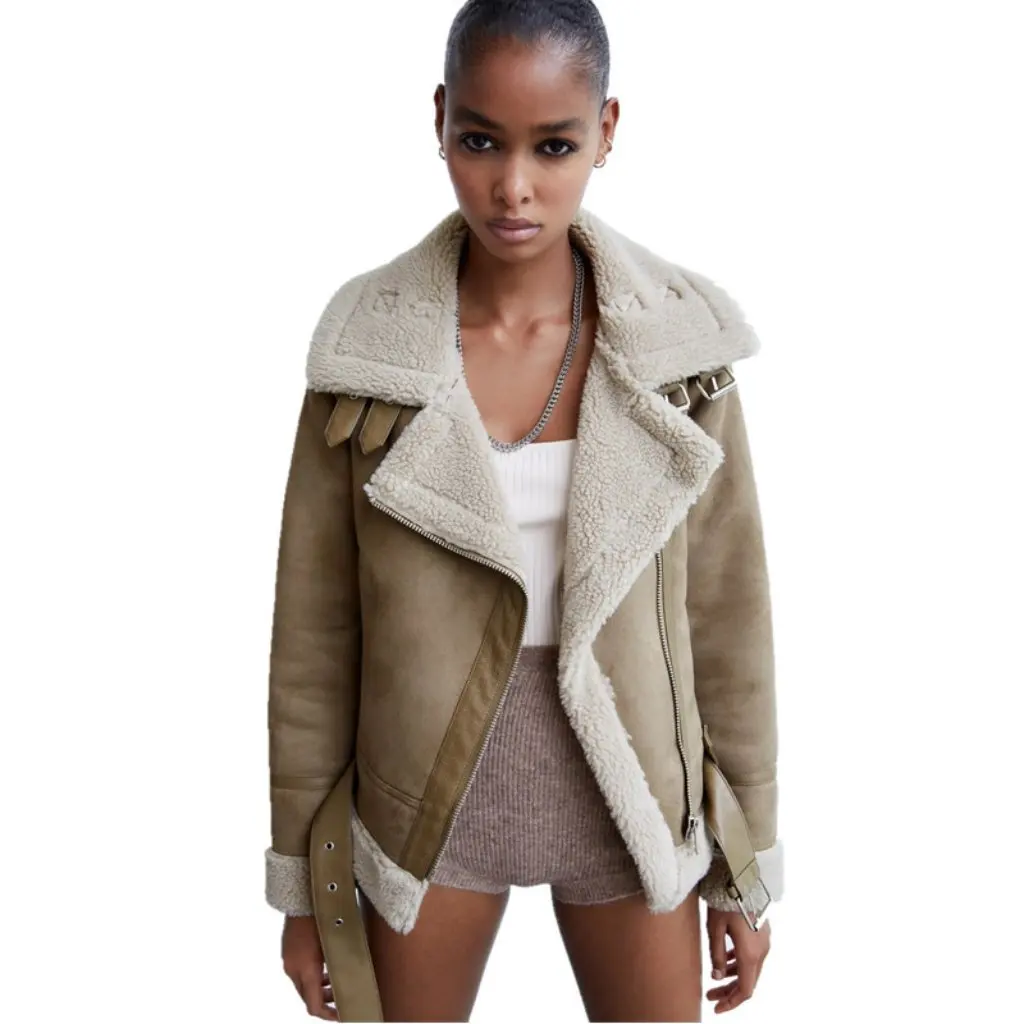 Casaco de camurça de pele sintética feminino europeu e americano com cinto de lapela engrossado outono inverno moda outerwear