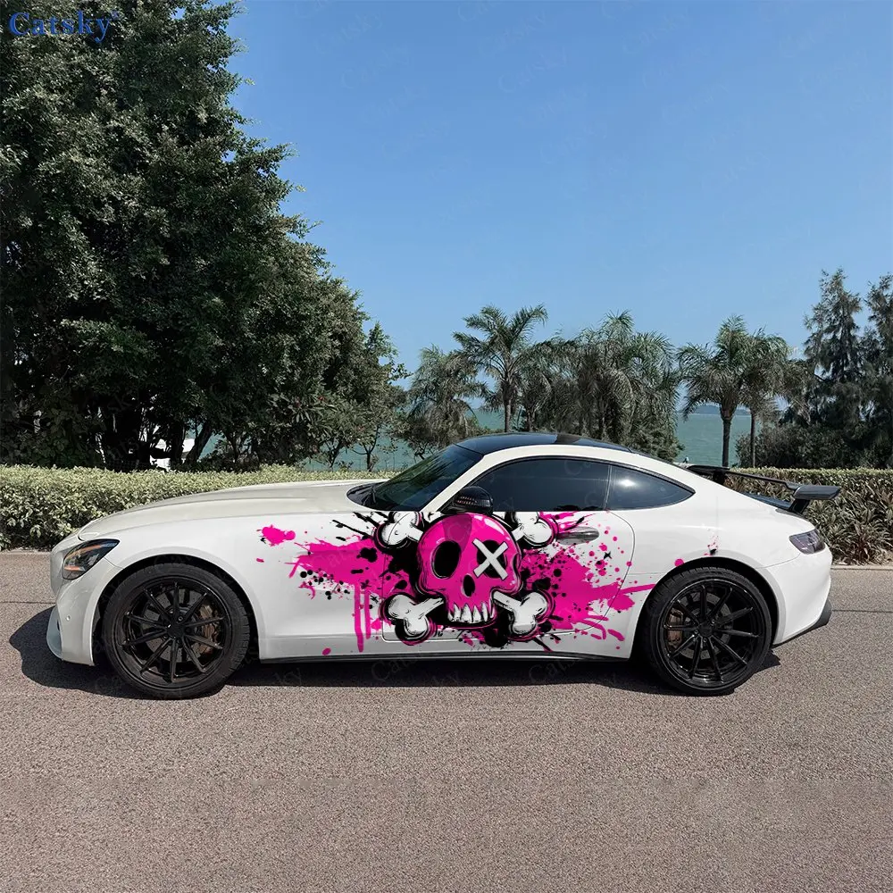 2pcs Black Pink Skeleton, Durable, Fade-resistant, Enhance Vehicle Aesthetics With Bold Artistic Design Car Vinyl Wraps