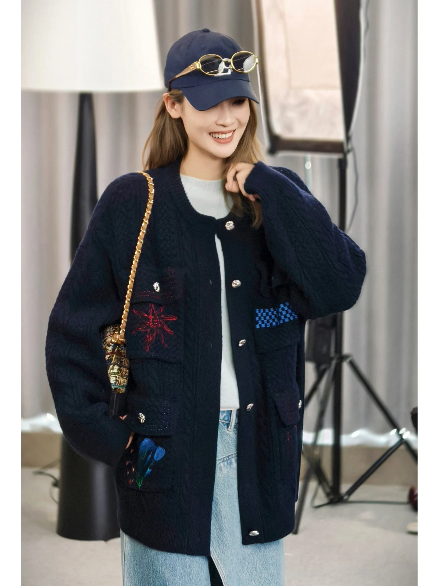 

MeiYang Embroidered Woolen Open Cardigan round Neck Buttoned Color Block Women's Long Sleeve Knitted Sweater Spring Fashion