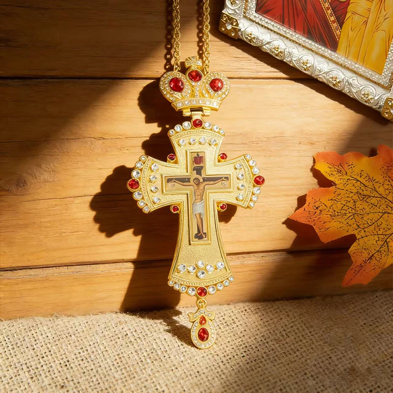

Traditional Orthodox Priest Pectoral Cross Silver with Blue Crystal Crucifix Icon Premium Liturgical Necklace for Church Liturgy