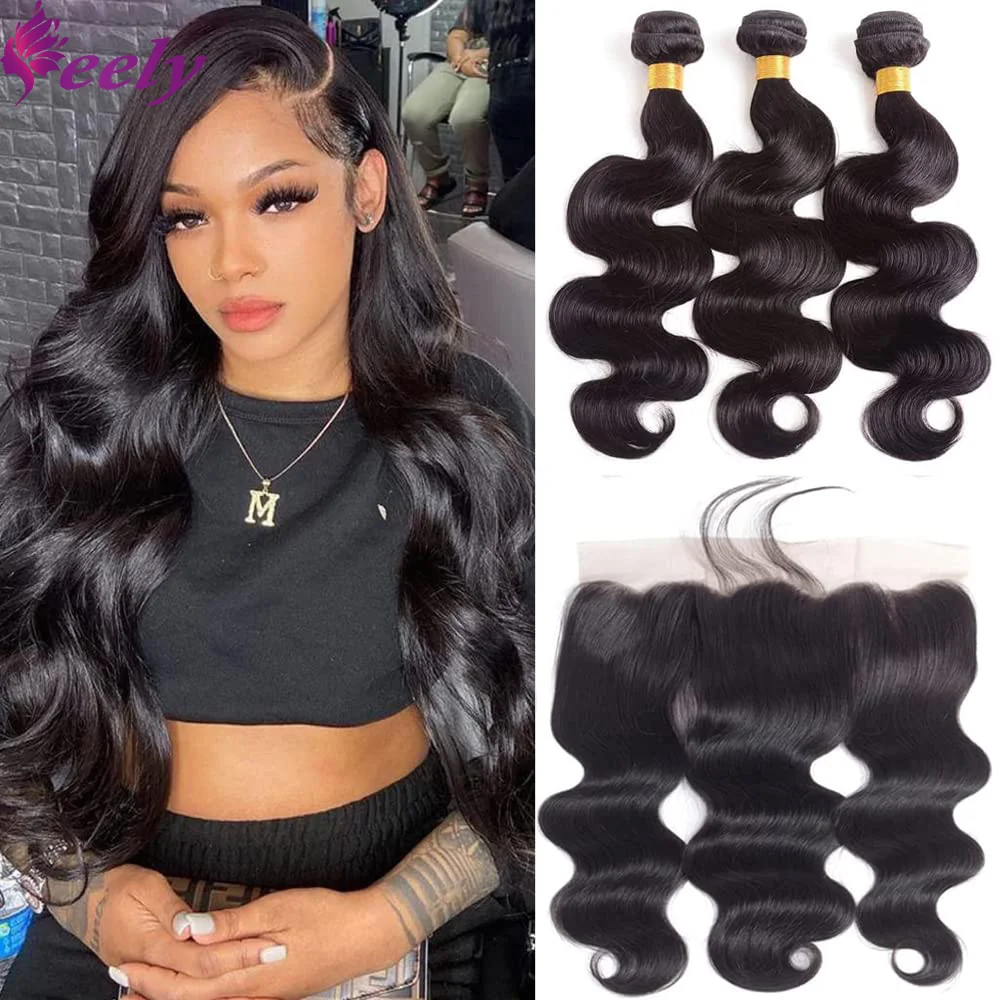 Mechones de cabello humano con cierre, cabello virgen brasileño, tejido de onda corporal, 3 mechones con encaje Frontal 13x4, extensiones negras naturales