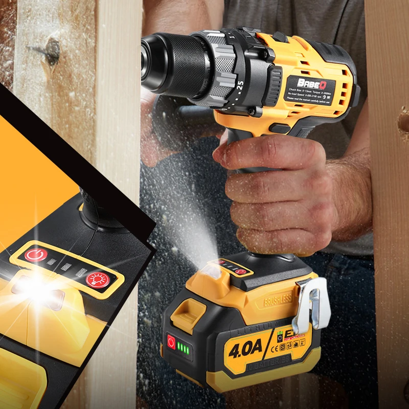 21V Cordless Impact Drill Upgrades 4.0A Battery Fast Charge Built-in LED Light Brushless Electric Drill Use for Wall/Wood/ Metal