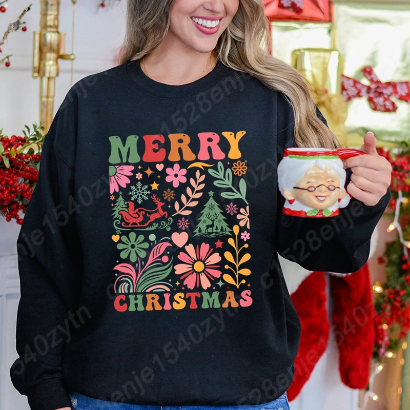 

Flower Merry Christmas Sweatshirts Women Hot Selling Autumn Winter Sweatshirts Round Neck Hoodless Pullovers Ladies Popular Tops