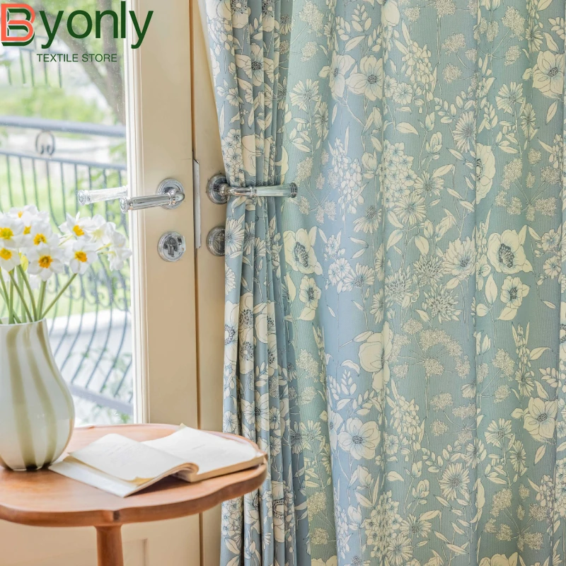 

American Pastoral Blue Printing Curtains for Living Room Bedroom Study Balcony Floor Curtain Finished Customized Home Decoration