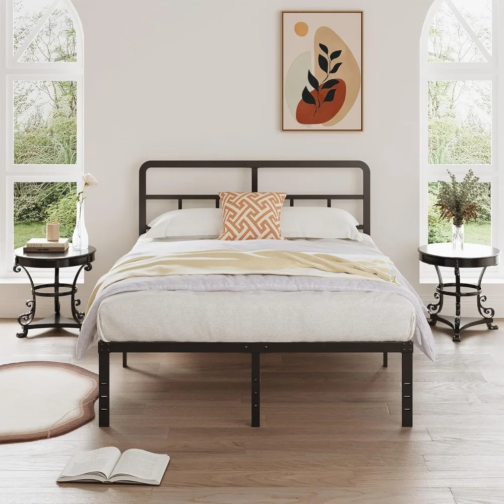 إطار سرير كوين معدني قوي مع لوح رأسي، لا يتطلب صندوق زنبركي، سرير بمنصة شديدة التحمل مع شرائح فولاذية لمستلزمات المراتب