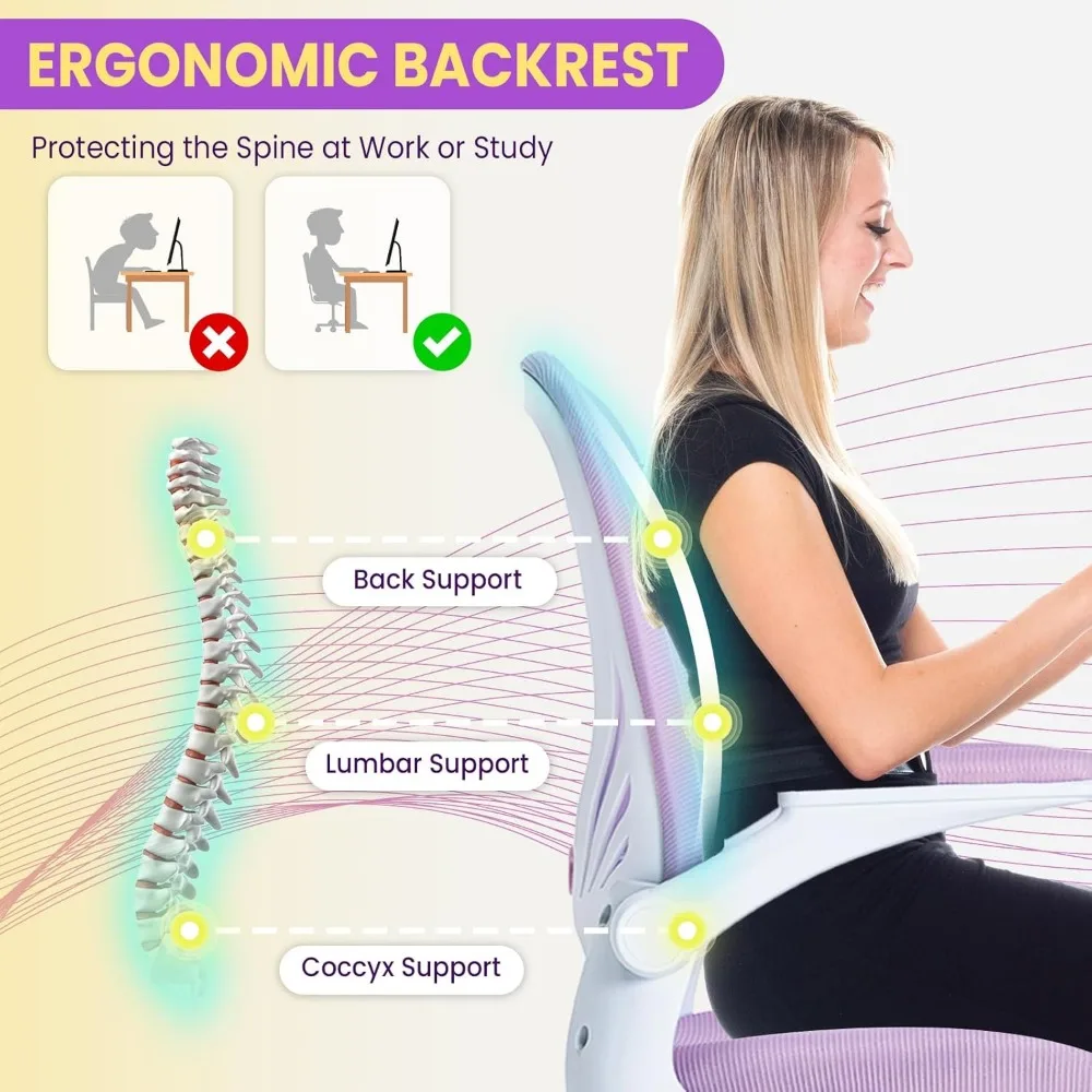 كرسي مكتب مريح لدعم قطني مع مساند للذراعين قابلة للطي للاستخدام المريح في المنزل والدراسة