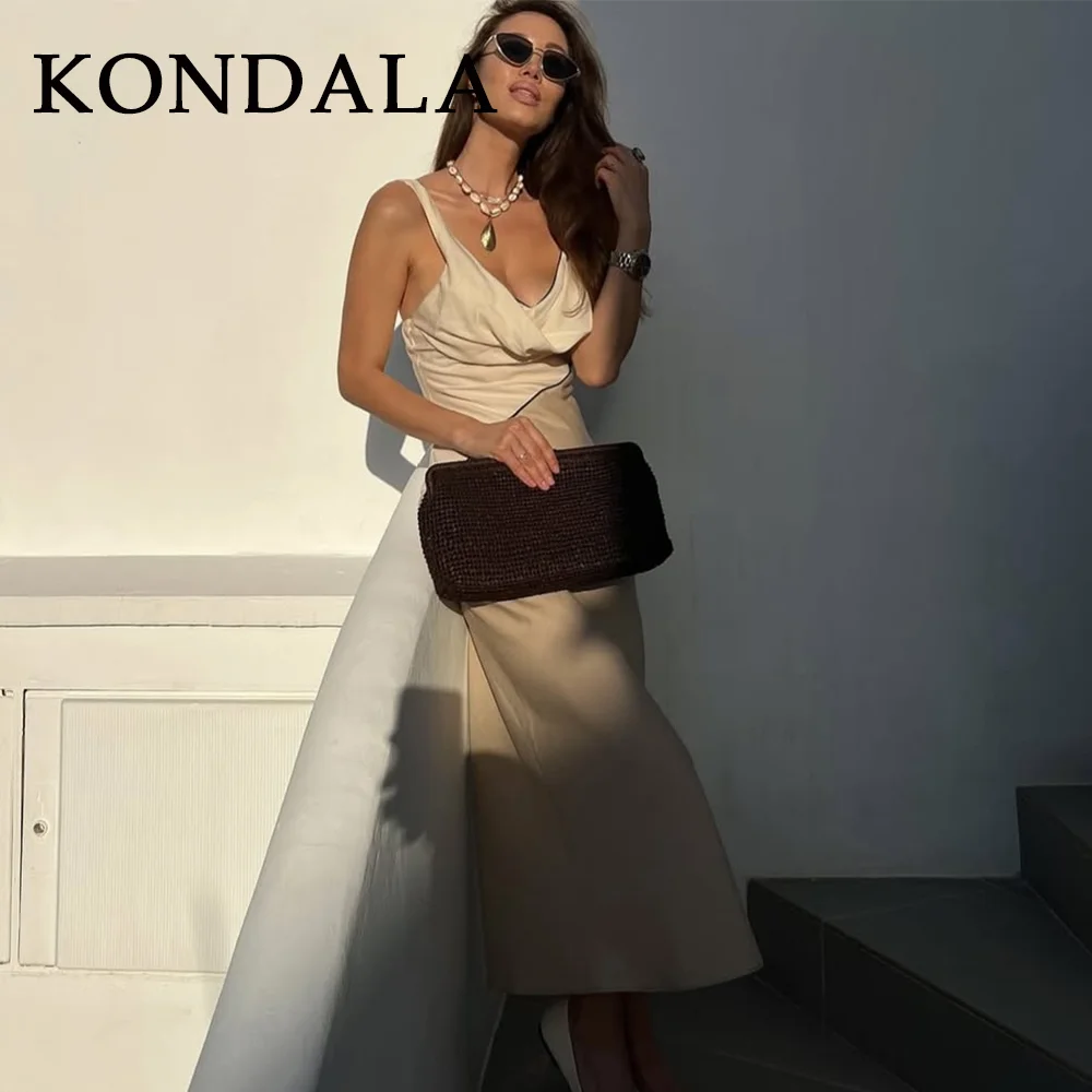 ชุดเดรสผู้หญิง KONDALA 2025 คอลเลคชั่นฤดูใบไม้ผลิ/ฤดูร้อน แบบเซ็กซี่ สายเดี่ยว ตัดต่อผ้า แฟชั่นสำหรับออกงานกลางคืน สีพื้น ซิป ไม่มีสายคล้องไหล่ ไม่มีแขน