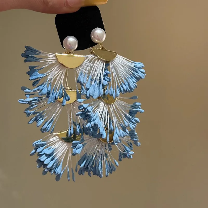 Sweet woven blue flower earrings, long temperament exaggerated seaside vacation fan-shaped earrings, light luxury