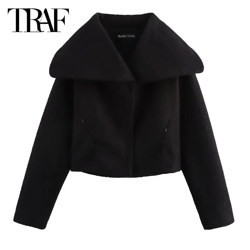 TRAF Women's Warm Winter Jackets 2024 Autumn Demi-Season Cropped Jacket Coat Long Sleeve Short Black Parkas New In Outerwears