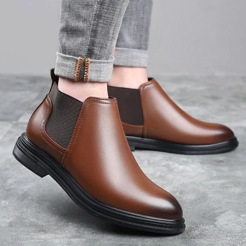 

Trendy Men's Leather Chelsea Short Boots Slip On Casual Mid High Top Spring Summer Autumn 2025 New Large Size