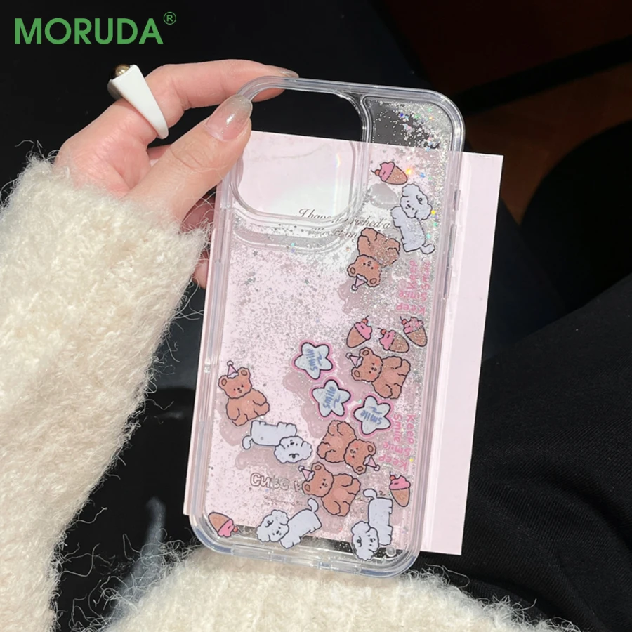 3D Quicksand for Liquid Glitter Cartoon Bear Case for iPhone 16 15 14 13 11 12 Pro Max 16 Plus Flowing Sand Cute Dog Shiny Cover