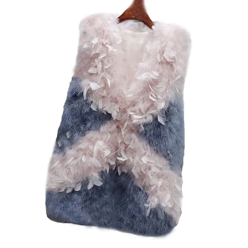 

Women Real Ostrich Feather Fur Vest Coat Female Wedding Party Spliced Waistcoat Lady Winter Warm Vest Gray Pink