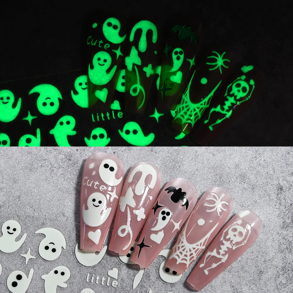 1 pçs 3d luminoso fantasma halloween adesivos de unhas bonito crânio aranha brilho no escuro decalques de unhas adesivo halloween decoração da arte do prego