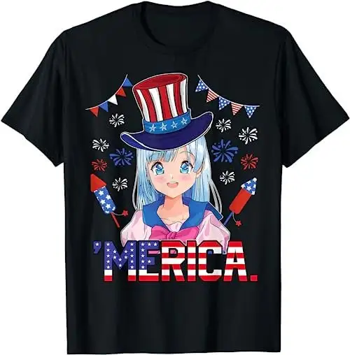 Anime Girl 4Th Of July American Flag Merica Fireworks Girls T Shirt Sweat 16012