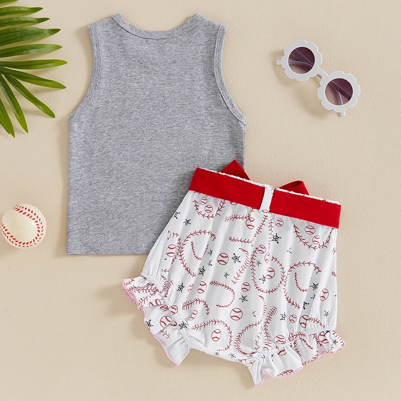 6M-4Y Toddler Girl Summer Outfit Letter Embroidery Round Neck Tank Tops with Ruffled Baseball Shorts with Belt