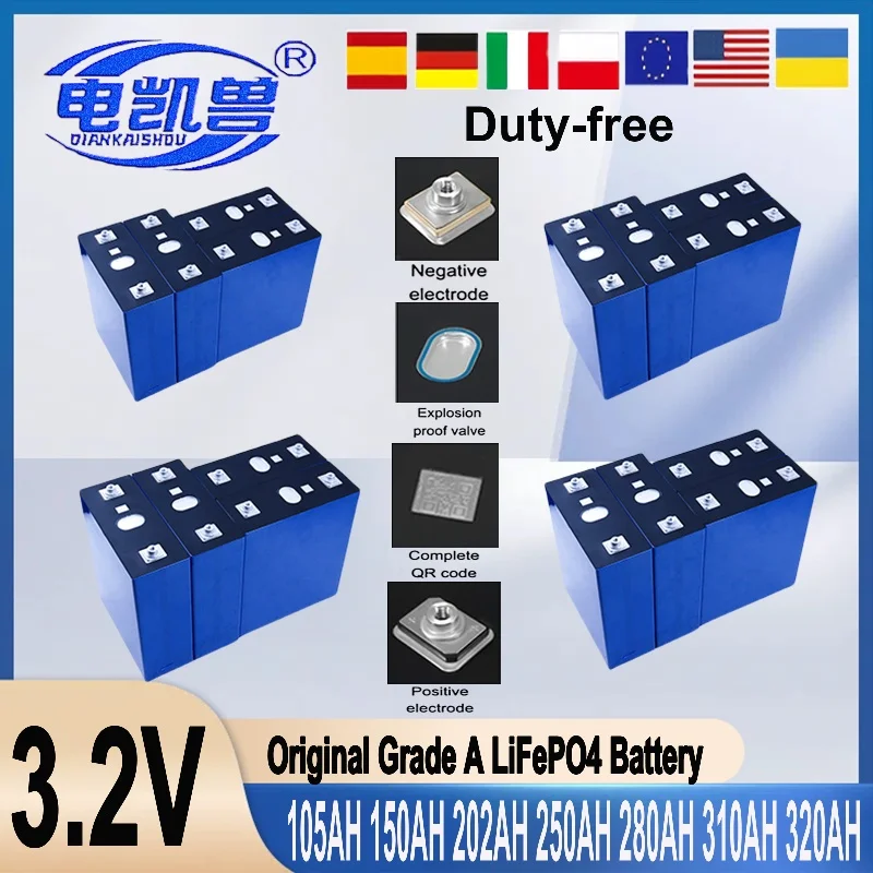 

LiFePO4 3.2V 320Ah 310Ah 280Ah 202Ah 105Ah Grade A Rechargeable Battery, Duty Free for DIY 48V RV Golf Cart Marine Solar System