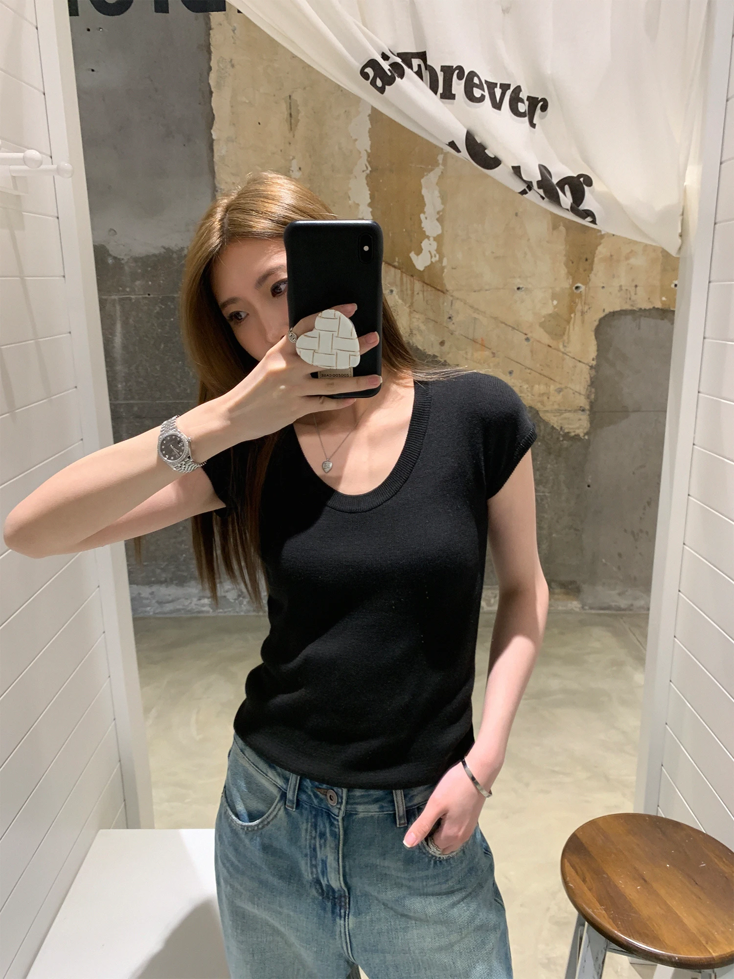 

Женская облегающая кашемировая футболка с круглым вырезом, вязаный топ с коротким рукавом, базовая рубашка в корейском стиле, однотонная, для повседневной носки