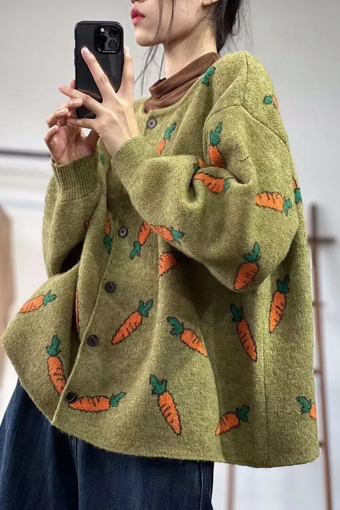 Women New Korean Fashion Style Sweet Print Pattern Loose Rond Neck Cardigan Warm for Women Autumn New Trendy Clothing