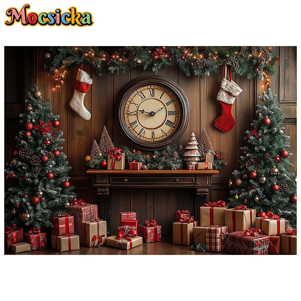 산타 클로스 워크샵 배경 사진 크리스마스 트리 선물 시계 나무 창 배경 어린이 겨울 생일 사진 스튜디오