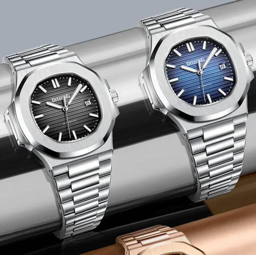 

DITALING Мужские автоматические часы 42,5 мм с квадратным корпусом Механические наручные часы 50 м Водонепроницаемые сапфировые застежки-бабочки Светящиеся