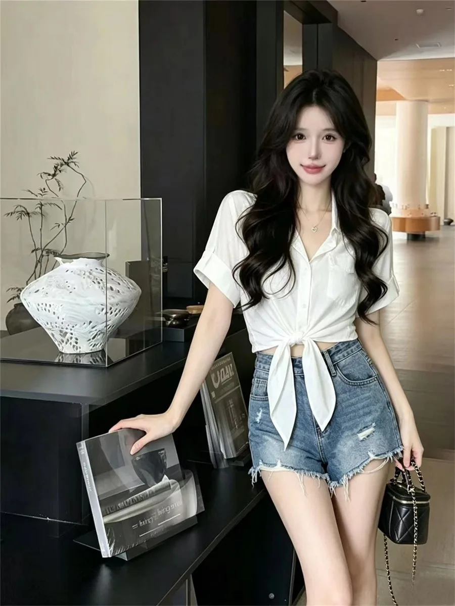 

White Collar Tie Waist Short Sleeve Shirt Women Summer New Stylish Belly Button Exposure Short Top Skin-friendly Breathable