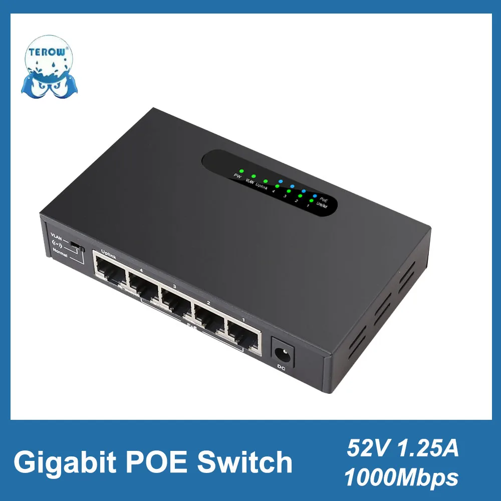 TEROW 52V 1.25A 5Port Gigabit unmanaged POE Power Supply Switch with VLAN 1000M copper RJ45 Ports IEEE802.3af/at Ethernet Switch