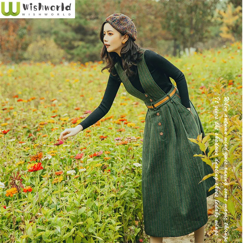 Women's Set Spring and Autumn Season New Woolen Strap Skirt Retro Sweater Dress Knitted Shirt Age Reducing Two Piece Set