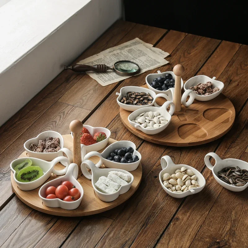 

Home Ceramics Dried Fruit Plate White Apple/heart-shaped/small Fish Five Grid Snack Bowl Snack Platter Rotatable Wooden Base