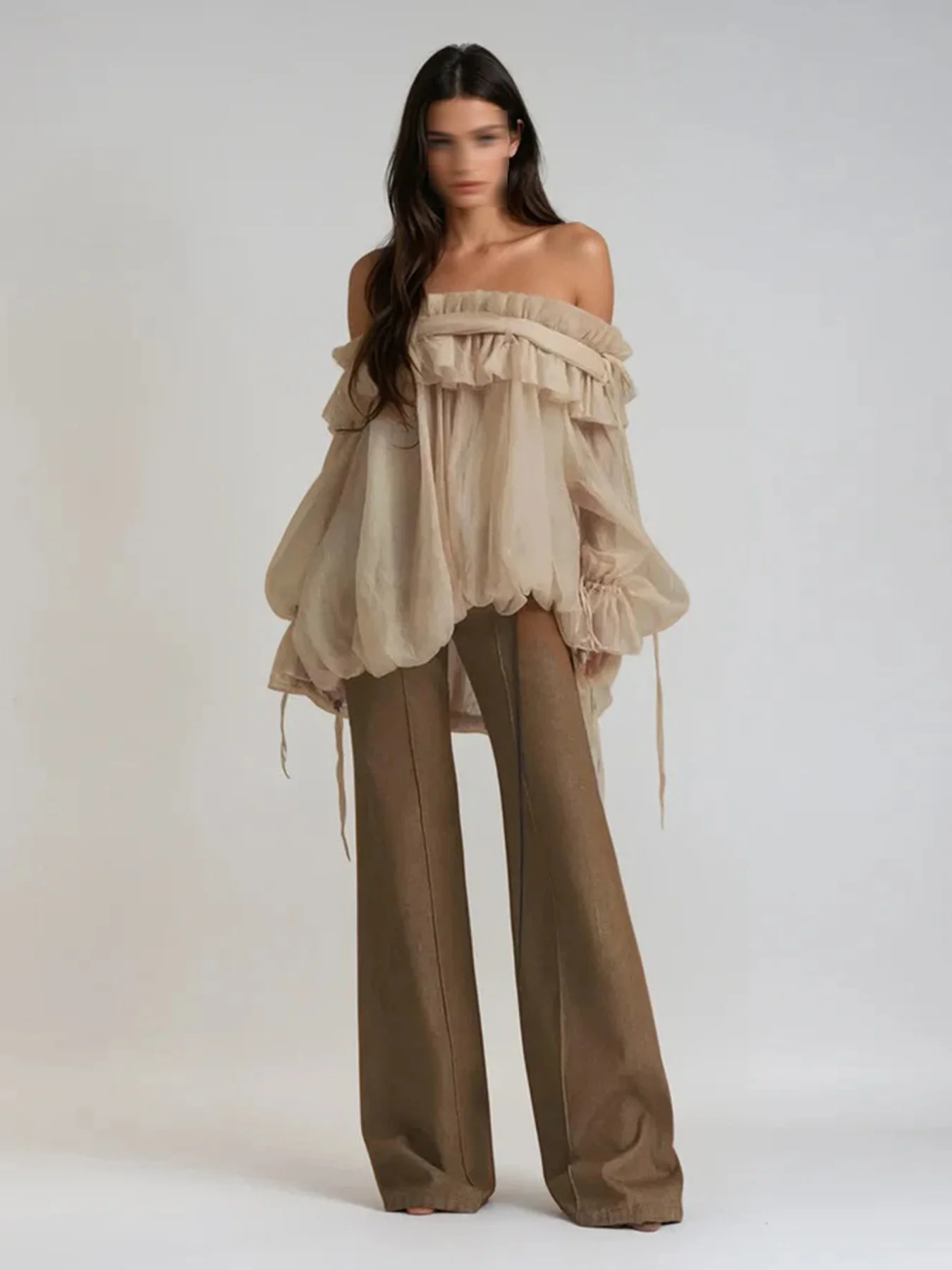 

French Sweet Retro Blouse Women Off Shoulder Loose Mesh Spliced Top Ruffled Bell Sleeves Elegant Patchwork Blouse Vintage Chic