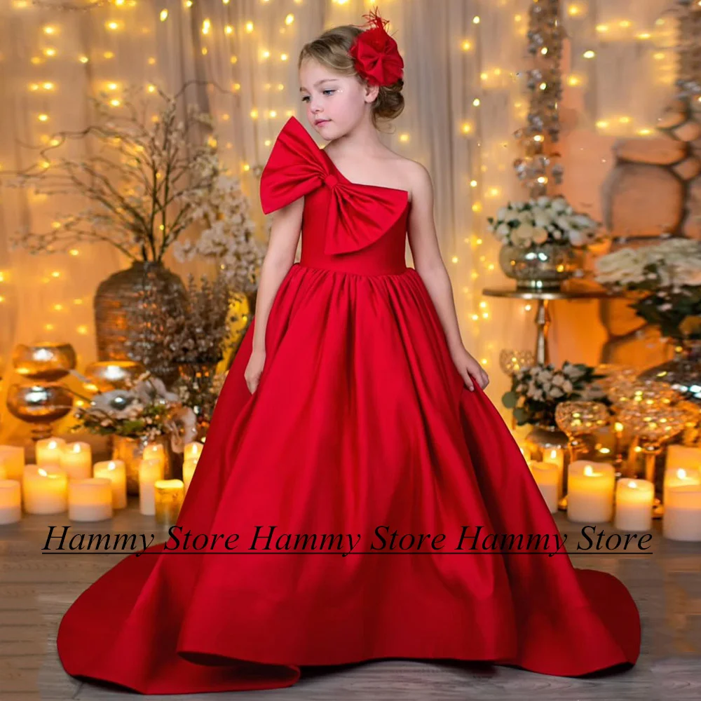 Girls Red Birthday Party Dress Customized Sleeveless Big Bow Open Back A Line Satin Flower Girl Dresses First Communion Gown