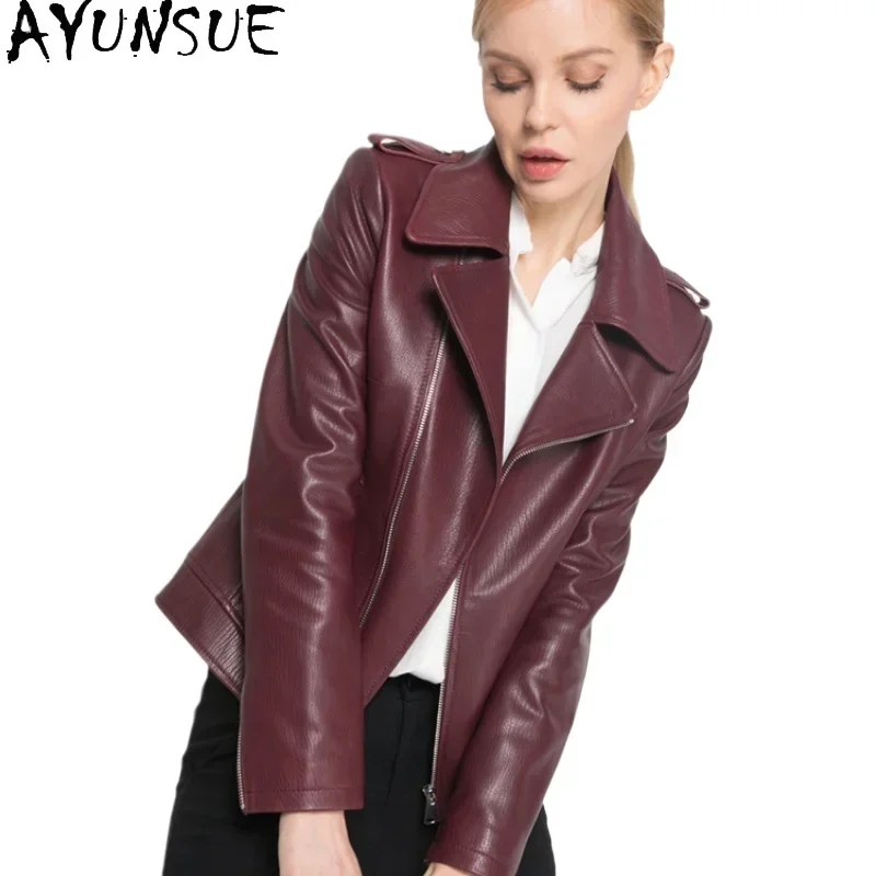 AYUNSUE-Chaqueta de piel de oveja auténtica para mujer, abrigo corto de motocicleta, ropa de otoño, novedad de 2024