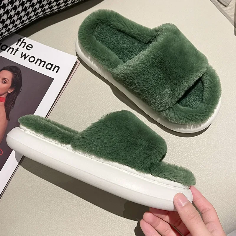 2022 Winter Women\'s Slippers Thick-bottomed Fur Furry Slides for Home Soft Platform Indoor House Warm lady Cotton Shoes