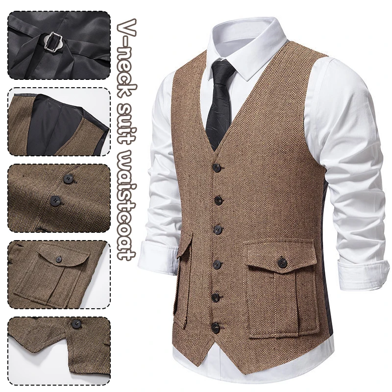 Men Suit Vest Single Breasted Woolen Blended Vest Men Sleeveless Jacket Blazer Slim Fit Casual Wedding Formal Business Waistcoat