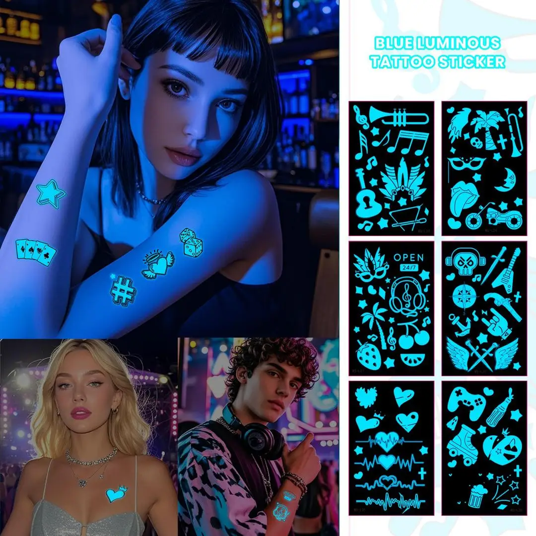 A 4/6/8 fluorescent stickers glowing temporary tattoo stickers UV glowing fluorescent bull tattoos waterproof body art stickers