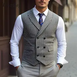 Trendy Slim Fit Mens Waistcoats Spring Casual Turn-down Collar Double-breasted Vest Jacket For Men Autumn Vintage Striped Coats