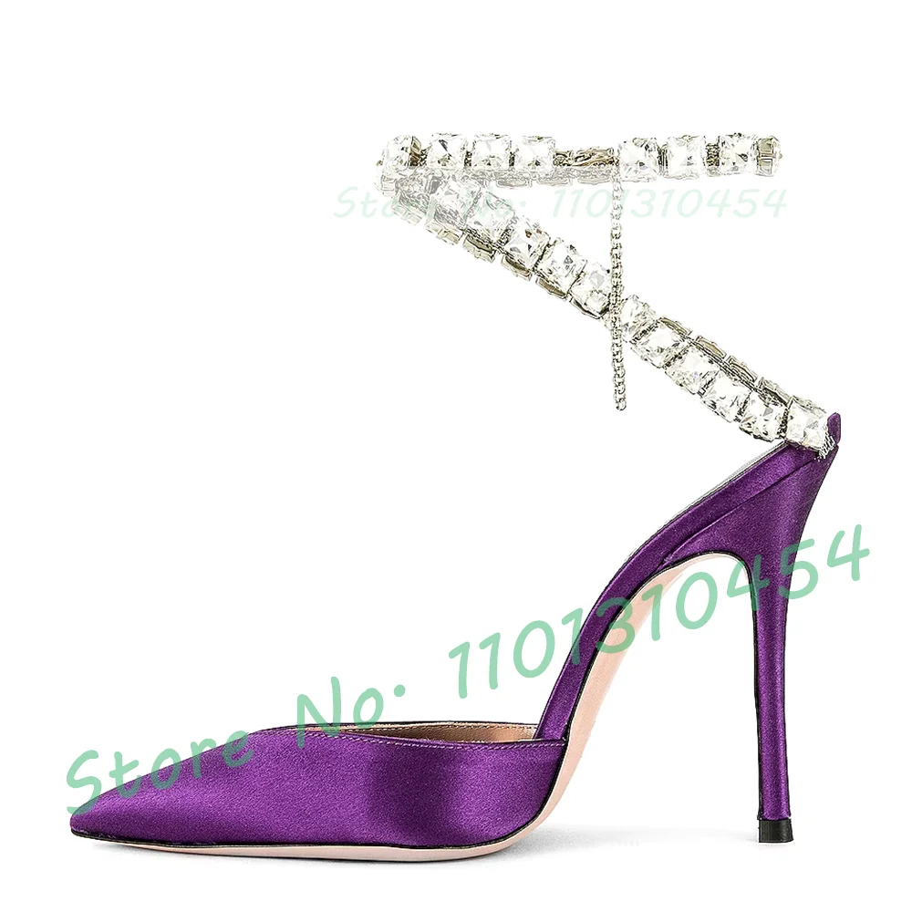 

Gems Chain Wrap Sandals In Purple Women Elegant Pointed Toe Stiletto Heel Satin Shoes Ladies Crystal-set Feminine Dress Sandals