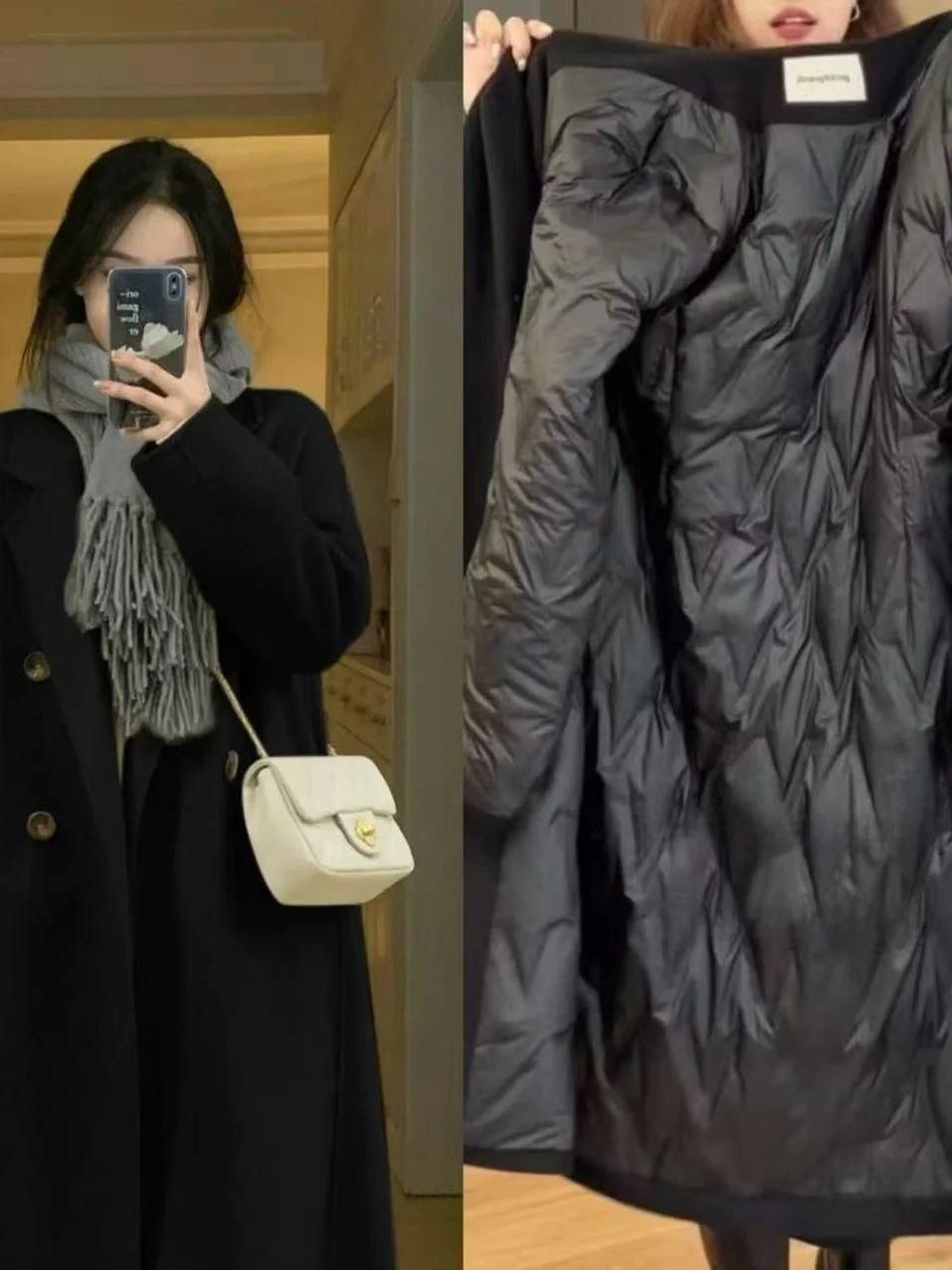 

Thiened Bla down Inner Woolen Coat Women's 2025 Autumn Winter New Small Size Woolen Coat Medium Length Double Breasted