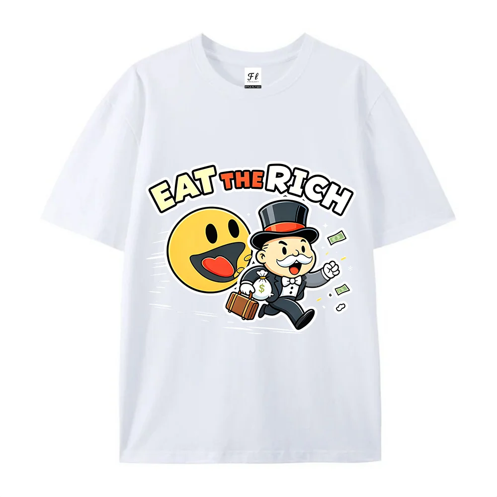 Eat The Rich Cartoon Graphic Shirt Funny Wealthy Man Emoji Money Print Fashion Casual Short Sleeve Humorous Streetwear Gift