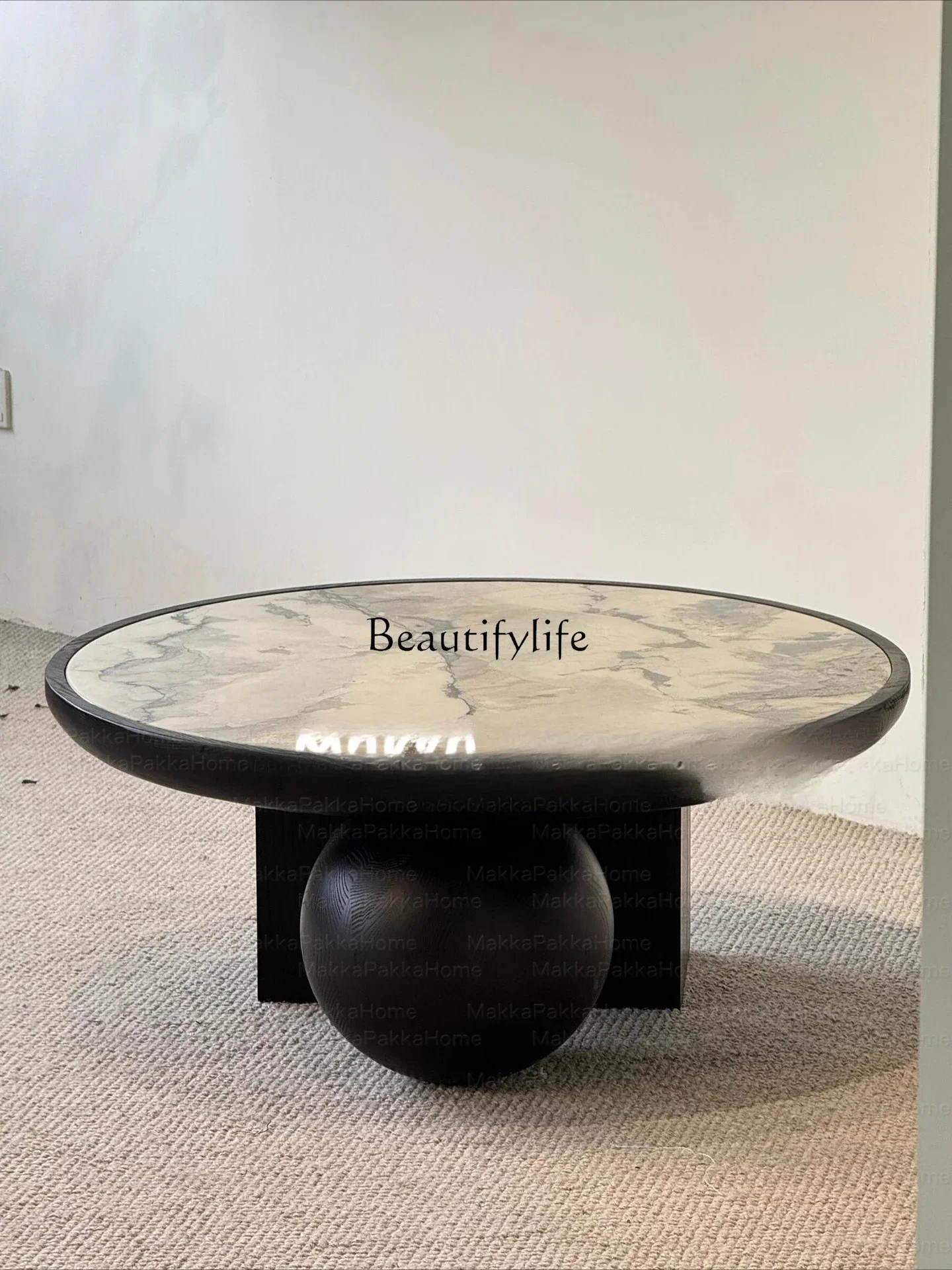 

Vintage Style Creative Marble and Solid Wood Coffee Table Retro Wabi-Sabi Style Round Coffee Table