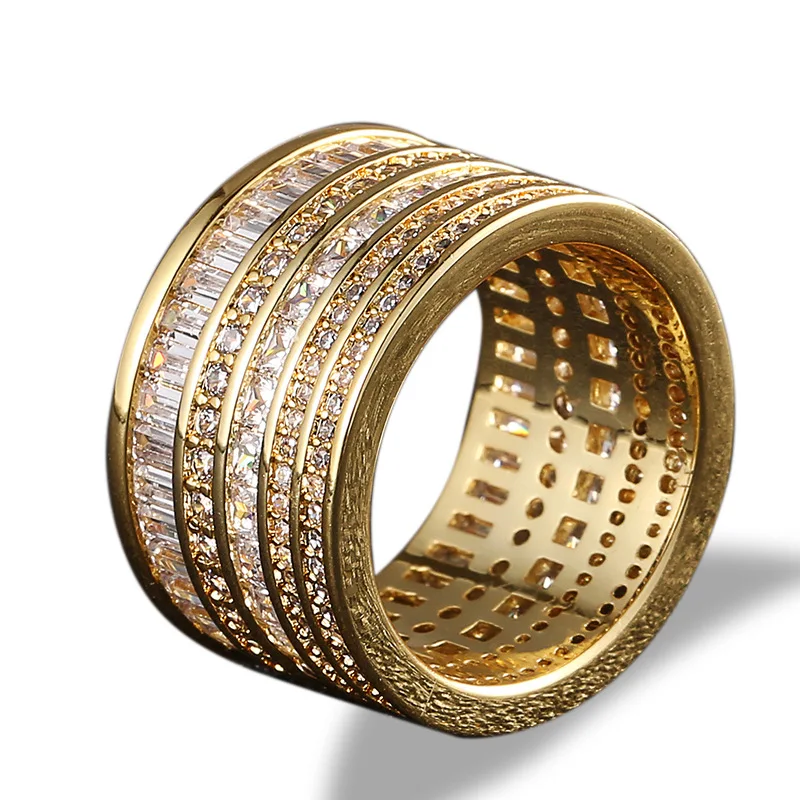 

Hip Hop 5 Rows CZ Stone Paved Bling Ice Out Geometric Round Finger Rings for Men Rapper Jewelry Gold Silver Color