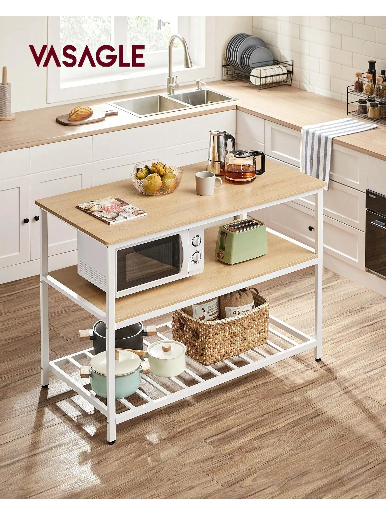 VASAGLE Kitchen Island with 3 Shelves, 47.2 Inches Width Kitchen Shelf with Large Worktop, Stable Steel Structure, Industrial